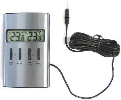 Cyfrowy termometr wewnętrzny i zewnętrzny z sondą 10 × 6 cm, srebrny