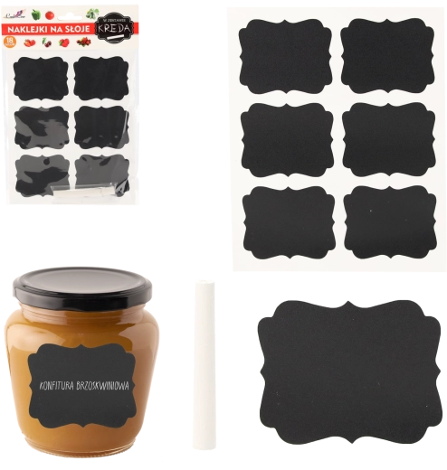 Zestaw samoprzylepnych tablicowych etykiet na słoiki 6,5 × 5,5 cm, 18 szt. z kredą