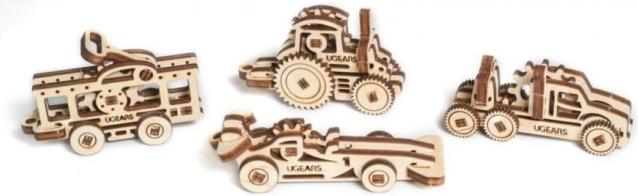 Ugears 3D drewniane mechaniczne puzzle – zestaw 4 breloków pojazdów