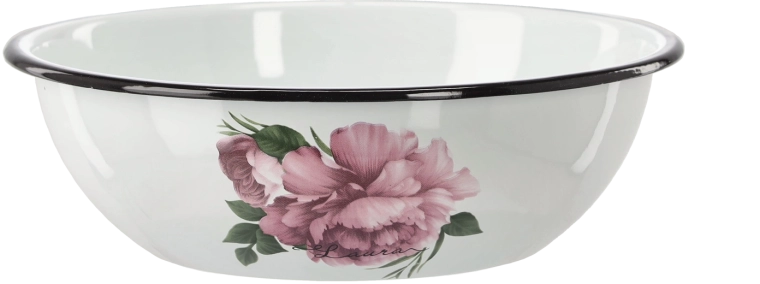 Emaliowana stalowa misa 2,5 l, średnica 24,5 cm, biała z motywem piwonii