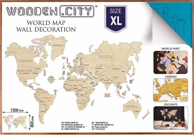 WOODEN CITY drewniana mapa świata 3D na ścianę XL – Niebieski