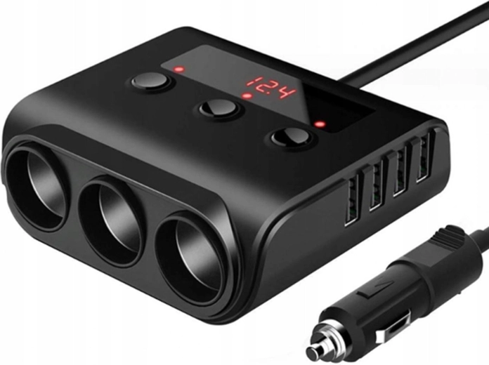 Rozgałęźnik do gniazda zapalniczki samochodowej 12–24 V z 3 gniazdami i 4× USB (QC 3.0/USB-C PD) - 1 sztuka
