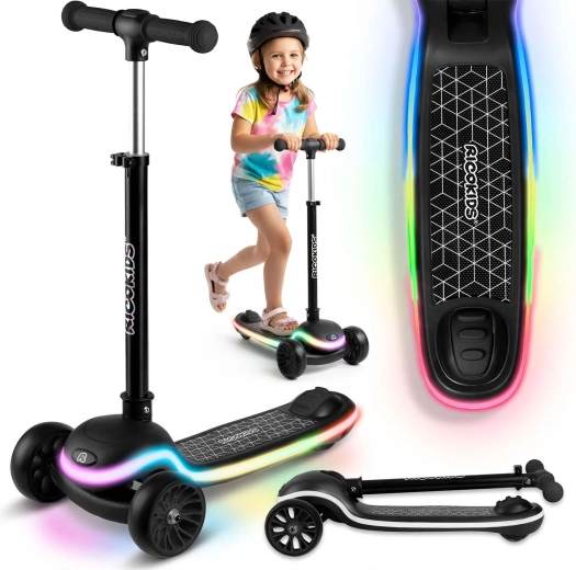 Dziecięca trójkołowa balansowa hulajnoga z podświetlanym podestem LED Ricokids Leddi – czarna