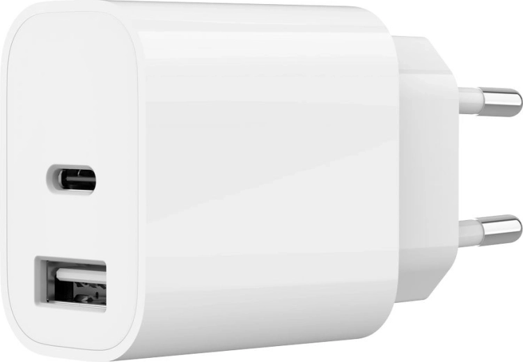 Uniwersalna sieciowa ładowarka USB z 2 portami (USB‑A + USB‑C) 2,4 A, biała