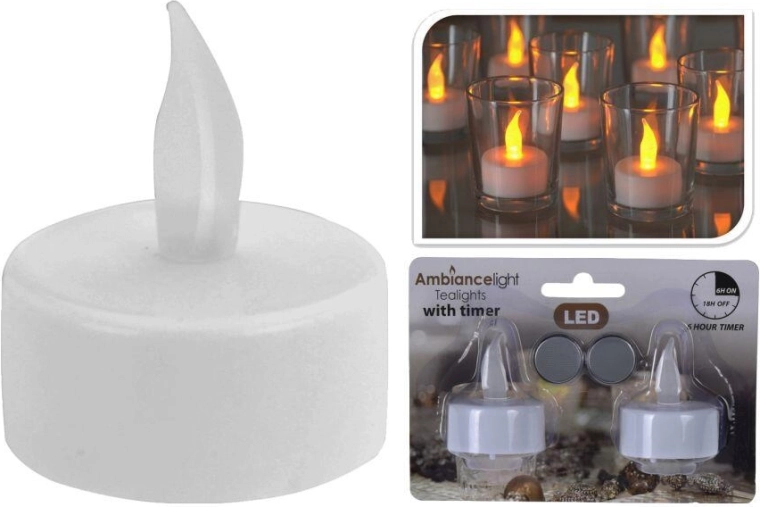 LED świeczka typu tealight biała z timerem i bateriami (2 szt.)