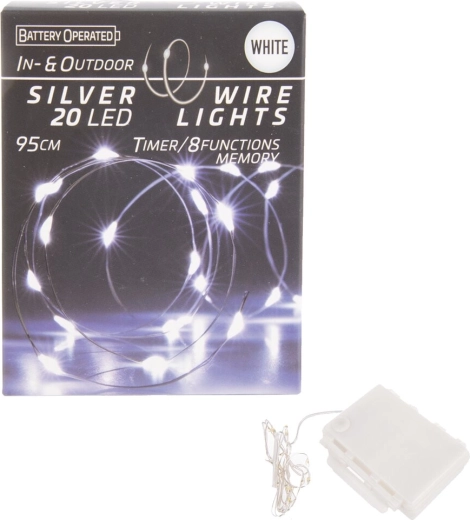 Łańcuch świetlny LED na druciku z timerem, 20 LED, biały