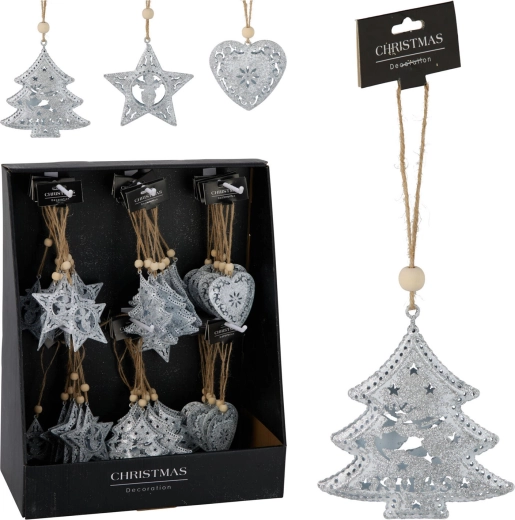 Świąteczna zawieszana metalowa dekoracja mix kształtów 7–7,5 cm, biała