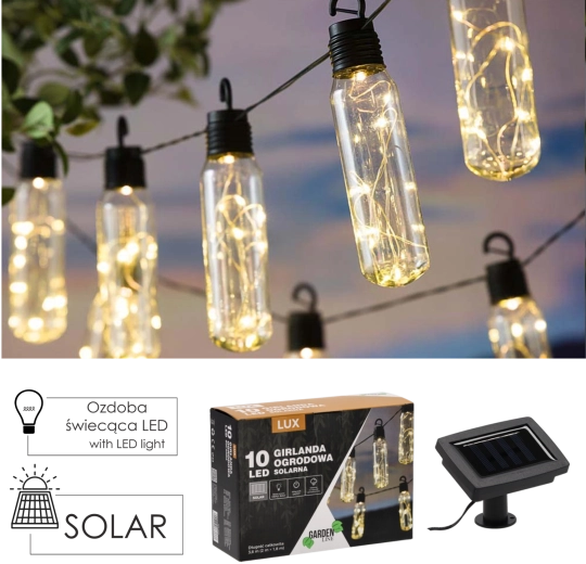 Solarny ogrodowy łańcuch świetlny 10 LED, ciepła biel, 3,8 m