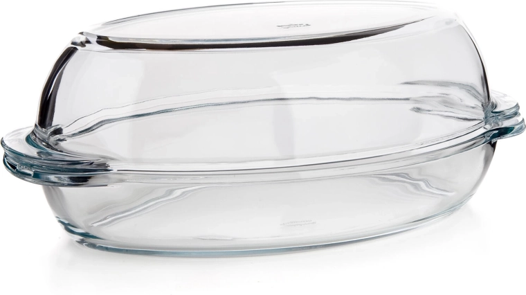 Szklane owalne naczynie żaroodporne z pokrywą 4,6 l (2,8 + 1,8 l), 34 × 19,6 cm