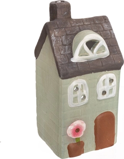 Ceramiczny świecznik w kształcie domku zielono-szary 16 cm