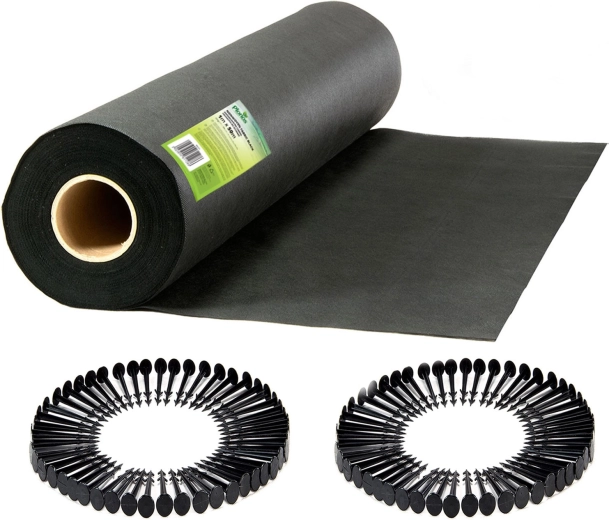 Ogrodnicza agrotkanina 1 × 50 m czarna + 50 kołków kotwiących Plonos