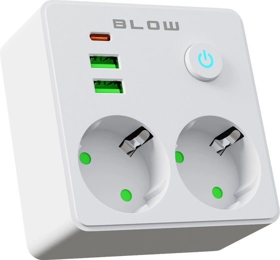 BLOW rozgałęźnik do gniazdka z 2 gniazdami, 2× USB i USB‑C, biały