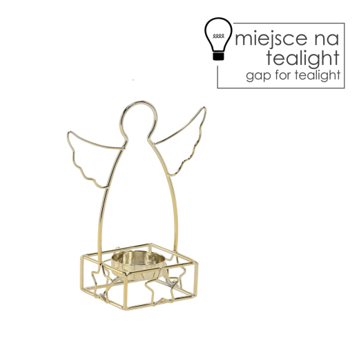 Złoty metalowy świecznik w kształcie anioła na tealight