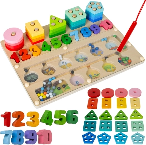 Drewniany sorter Montessori 3w1 Kruzzel (labirynt magnetyczny, kształty i liczby) 30 × 22,5 cm