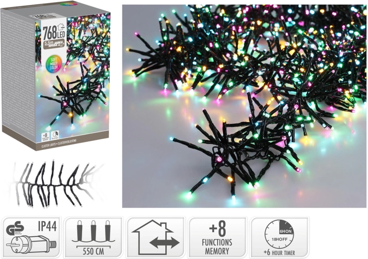 Świąteczny łańcuch LED 5,6 m, 768 diod, kolory tęczowe, 8 funkcji z timerem, do użytku wewnątrz i na zewnątrz
