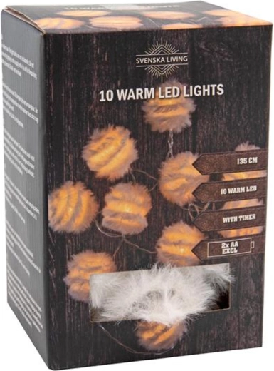 Świąteczny łańcuch świetlny z 10 kulami LED z piórkami i timerem 1,35 m – ciepłe białe światło