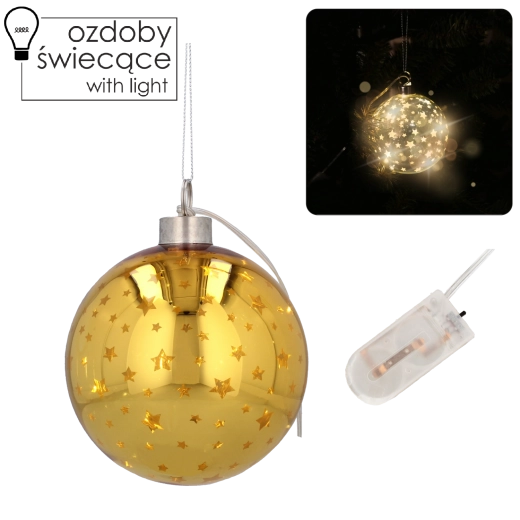 Szklane bombki choinkowe 10 cm ze złotymi gwiazdkami i oświetleniem LED, zestaw 6 szt.
