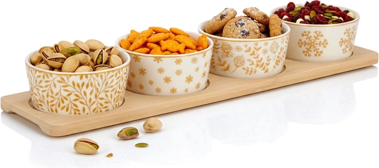 Porcelanowe miseczki na przekąski na bambusowej tacy, zestaw 5‑częściowy
