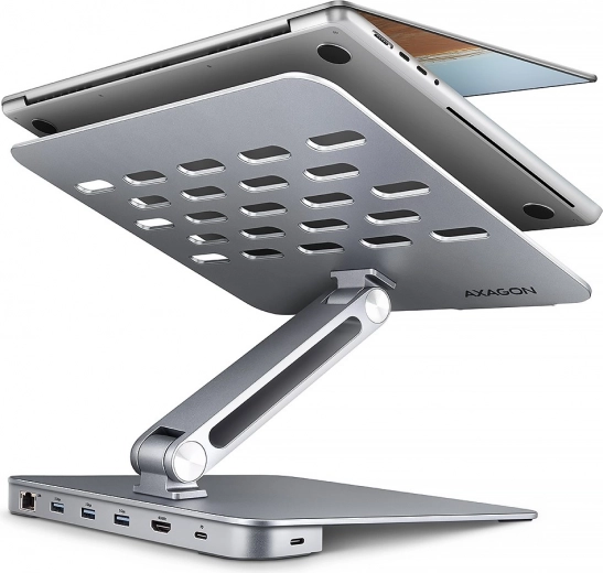 Axagon HMC-STND aluminiowy hub USB-C 7w1 ze stojakiem do laptopów 10–16", HDMI 4K/60 Hz, 3x USB-A, GLAN, PD 100 W, kabel 60 cm