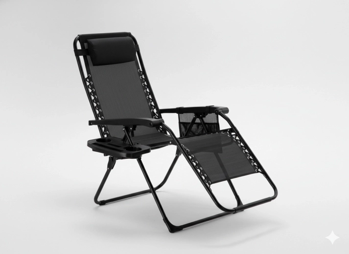 Ogrodowy leżak regulowany Zero Gravity, składany, z podstawką na napoje i kieszenią, czarny 65 × 176 × 110 cm