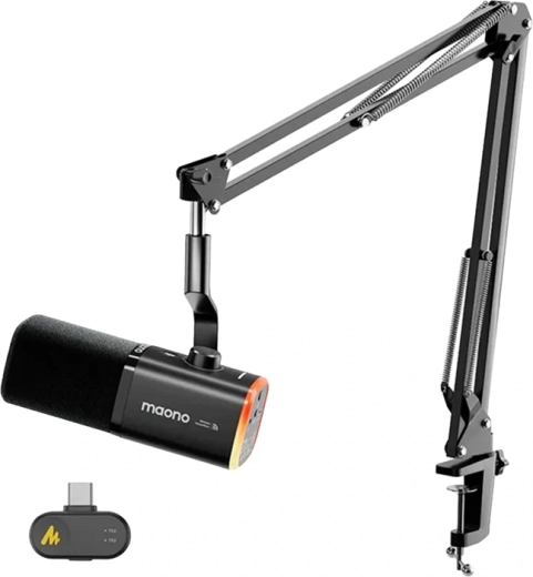 Maono PD100WS bezprzewodowy i USB dynamiczny mikrofon z AI redukcją szumów i RGB (czarny)
