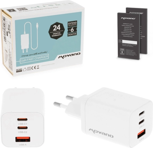Movano ładowarka GaN 65 W, 2× USB-C PD + USB-A biała