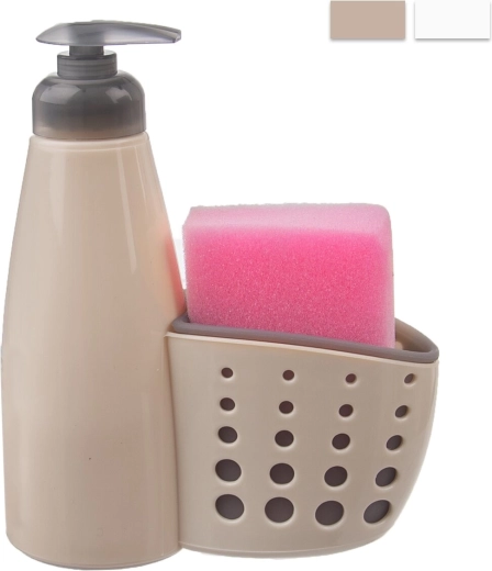 Dozownik do środka myjącego z przegródką na gąbkę, beżowy 370 ml