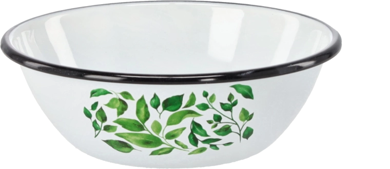 Emaliowana miska 0,6 l, średnica 16,5 cm, biała z motywem fikusa