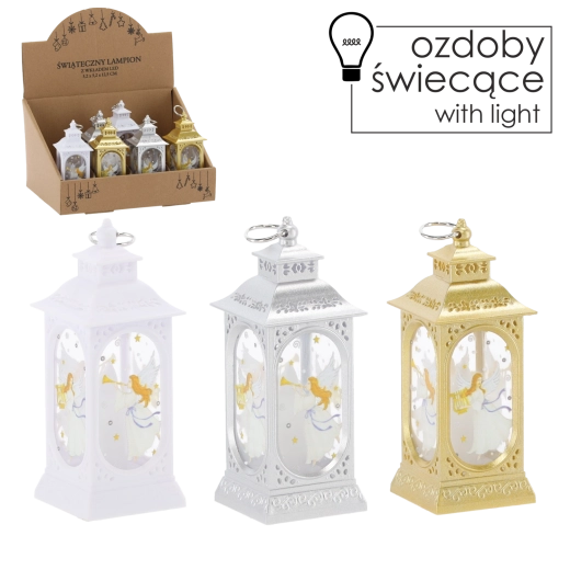 Lampion bożonarodzeniowy z aniołem LED, srebrny/złoty/biały, 5,2 × 5,2 × 12,5 cm