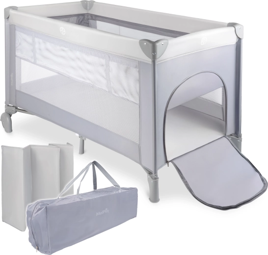 Łóżeczko turystyczne PILO, szare, 2 poziomy stelaża