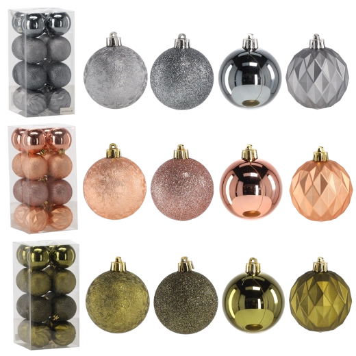 Zestaw świątecznych ozdób 6 cm – oliwkowe, miedziane i grafitowe, 16 szt.