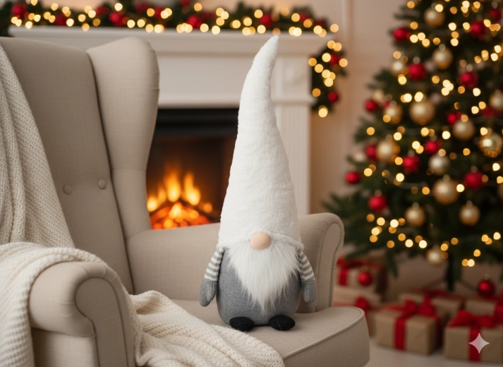 Świąteczny skrzat 70 cm biało‑szary