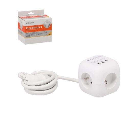 Kostka – listwa zasilająca 3×230 V i 3× USB, 1,5 m, biała