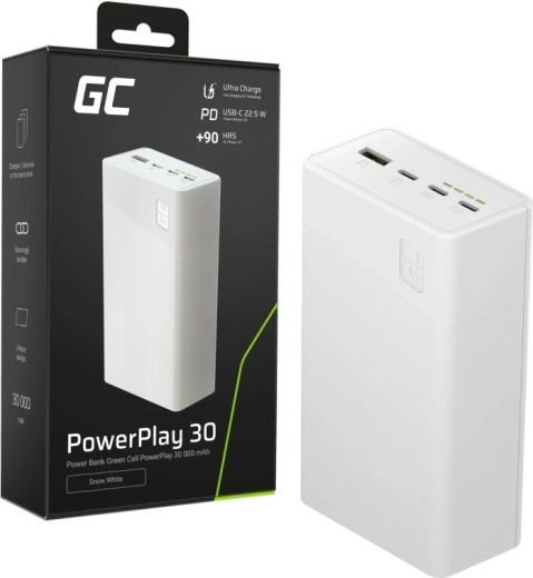 Power bank 30000 mAh, 22,5 W, 4 porty, biała