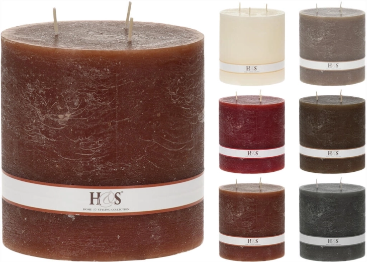 Rustykalna świeca walcowa 14 × 14 cm z 3 knotami – mix kolorów