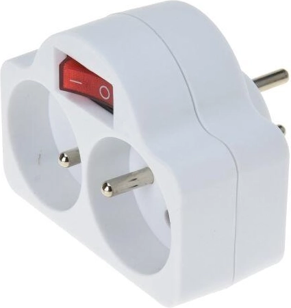 Rozgałęziacz gniazdkowy z przełącznikiem ON/OFF, 2 gniazda, biały