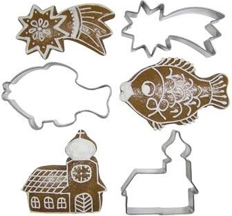 Zestaw stalowych forem do wykrawania ciasteczek – kometa, karp i kościółek, 10 szt.