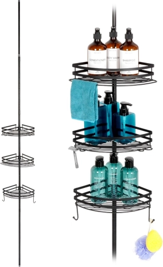 Narożna teleskopowa półka prysznicowa z metalu, czarna, regulowana