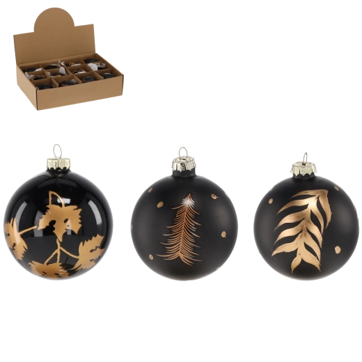 Szklane bombki choinkowe 8 cm – czarne z dekorem, zestaw 12 szt.