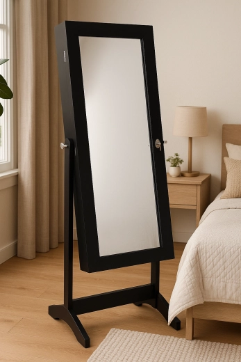 Czarna szkatułka na biżuterię ze stojącym lustrem 41,5 × 36,5 × 147 cm