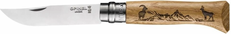 Opinel N°08 Inox Animalia nóż składany 8,5 cm, drewno dębowe, motyw kozicy