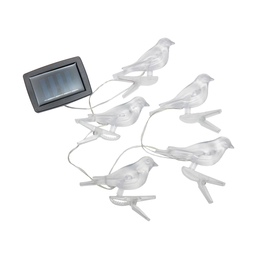 Solarny łańcuch świetlny z ptaszkami na klipsach, ciepła biel, 5 LED, 3,2 m