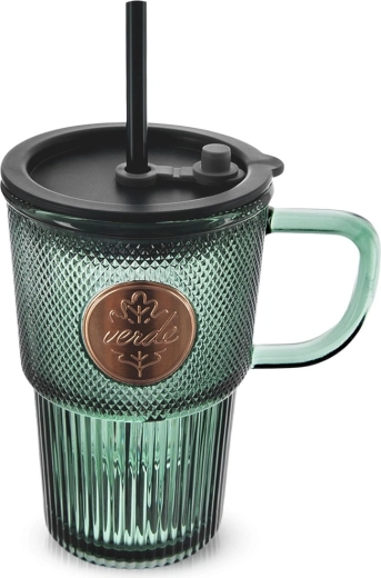 Szklany kubek z pokrywką i słomką VERDE 450 ml