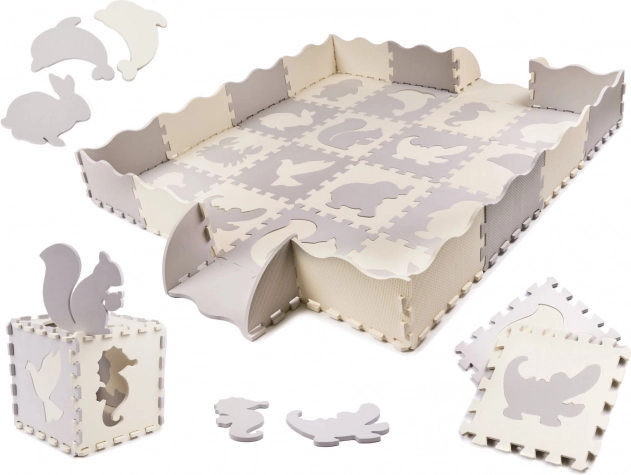 Piankowa edukacyjna mata puzzle, szara i ecru, 36 elementów, 150 × 150 cm