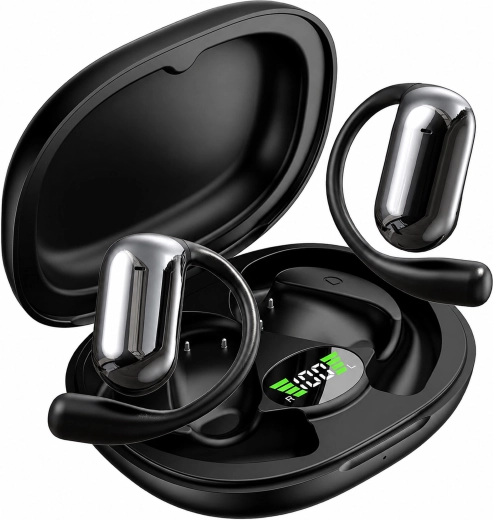 Bezprzewodowe słuchawki douszne Bluetooth z etui ładującym i tłumaczem AI, czarne