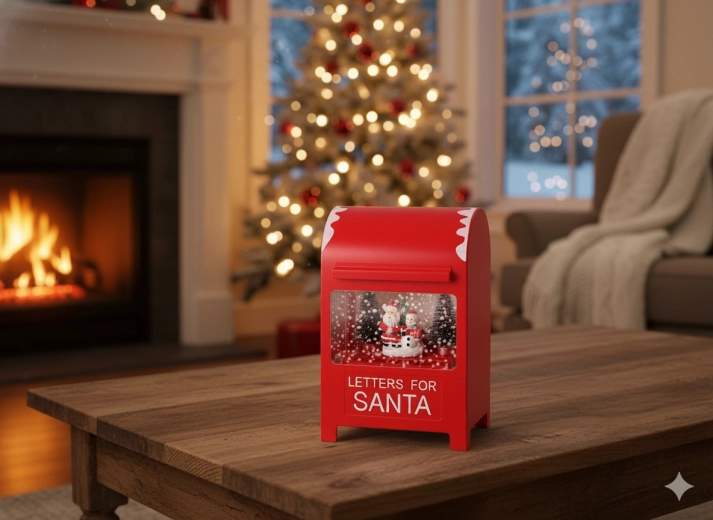 Świąteczna skrzynka pocztowa z mechaniczną pozytywką LED, czerwona, 15 × 12 × 23 cm