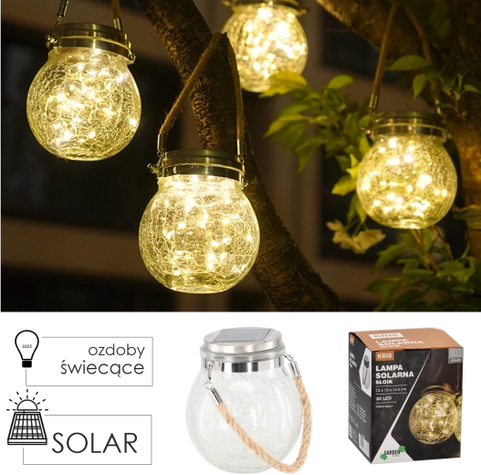 Solarny wiszący lampion w kształcie słoika z pękanego szkła 12 × 12 × 14,5 cm, ciepła biel