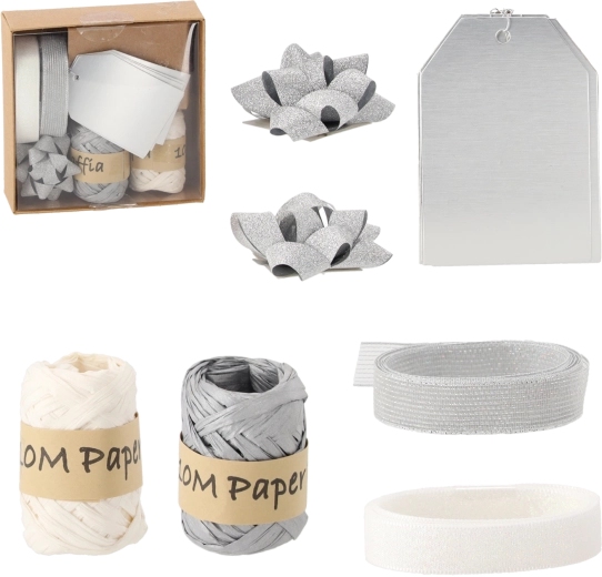 Świąteczny zestaw do pakowania prezentów – srebrny i biały, 11 elementów
