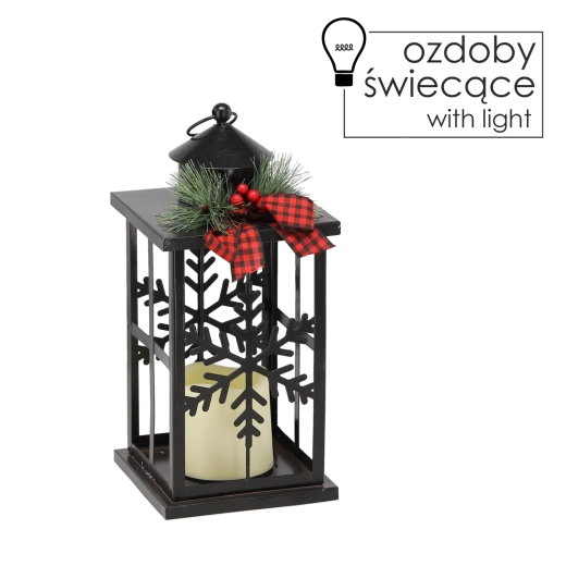 Świąteczny metalowy lampion LED ze śnieżynkami, czarny 31,5 cm