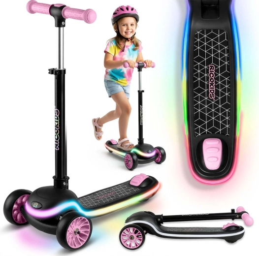 Dziecięca trójkołowa hulajnoga balansowa z podświetleniem LED RICOKIDS Leddi – czarno‑różowa